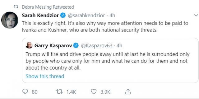 Actress Debra Messing retweets someone describing Ivanka Trump and Jared Kushner as "national security threats." @DebraMessing/Twitter