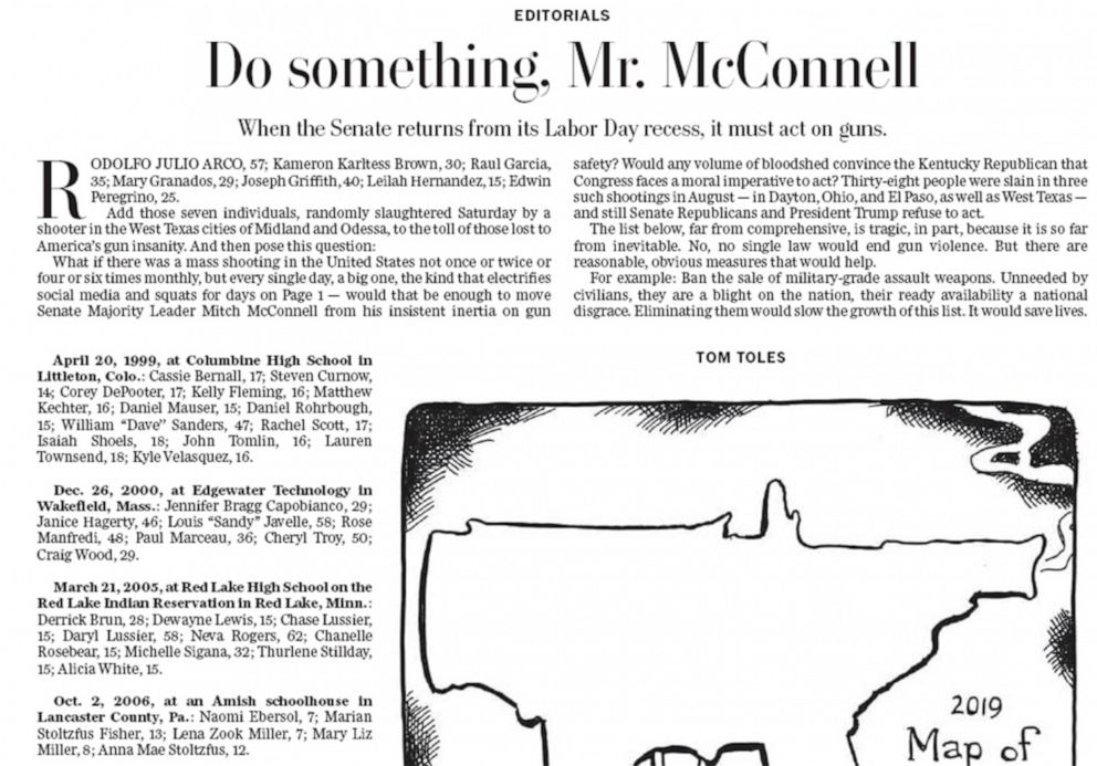 PHOTO: An editorial with the headline, Do something, Mr. MocConnell appeared in the Washington Post on Sept. 4, 2019.