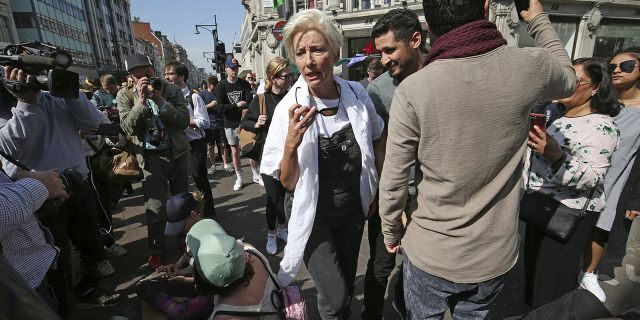 Actress Emma Thompson joins Extinction Rebellion demonstrators causing disruption at the major road junction Oxford Circus in central London, Friday April 19, 2019. The pressure group Extinction Rebellion is calling for continuing civic disobedience to demand government action on climate change.