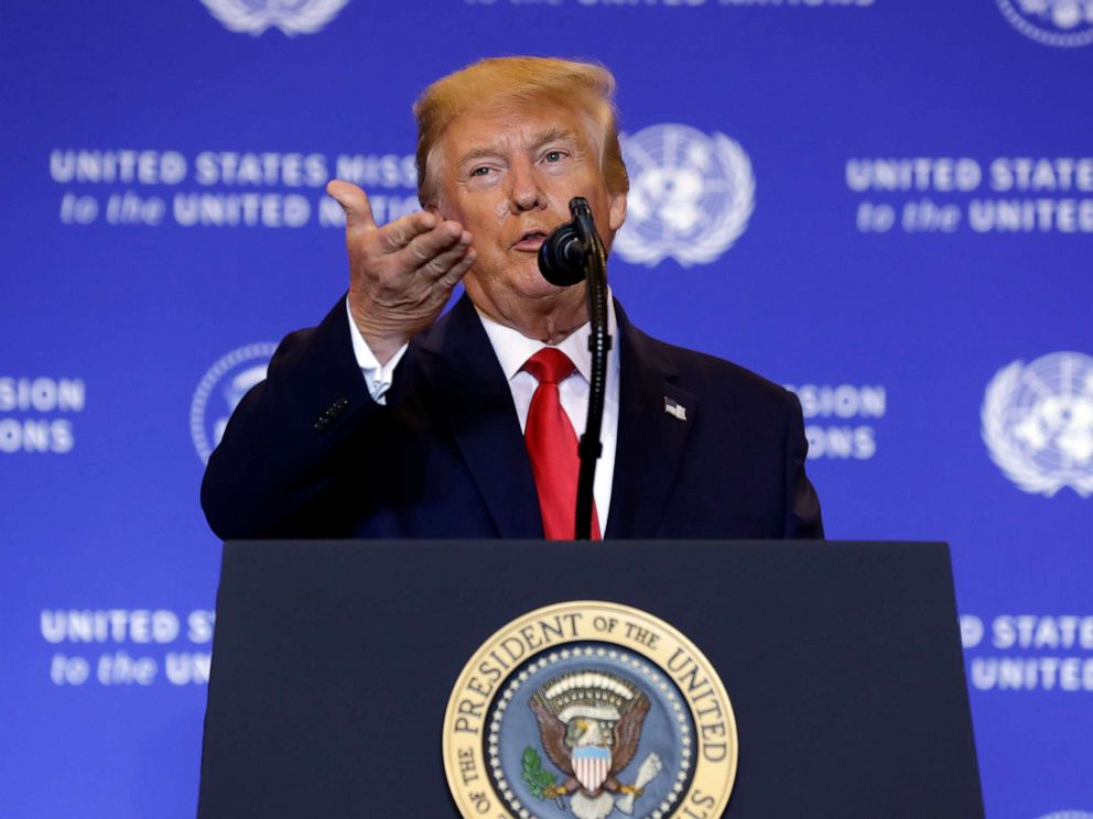 PHOTO: President Donald Trump holds a press conference in New York, Sept. 25, 2019, on the sidelines of the United Nations General Assembly.