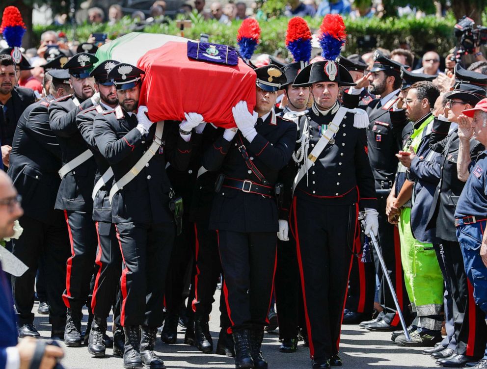 PHOTO: The coffin containing the body of Carabinieris officer Mario Cerciello Rega is carried to his funeral in his hometown of Somma Vesuviana, near Naples, Italy, July 29, 2019.