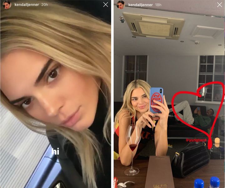 Jenner's Instagram story prior to the Burberry show and (R) after.