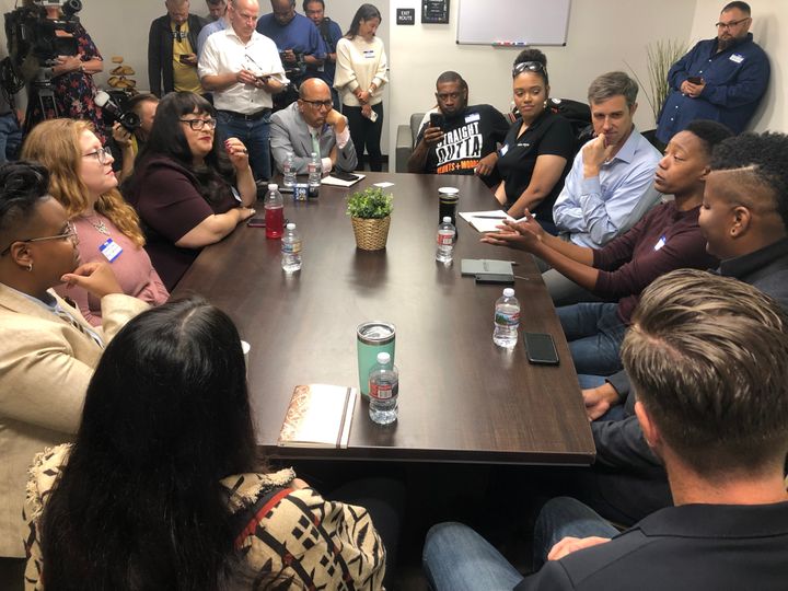 Beto O'Rourke (fourth from right) listens at the roundtable discussion he held Thursday in Oakland, California on issues surr