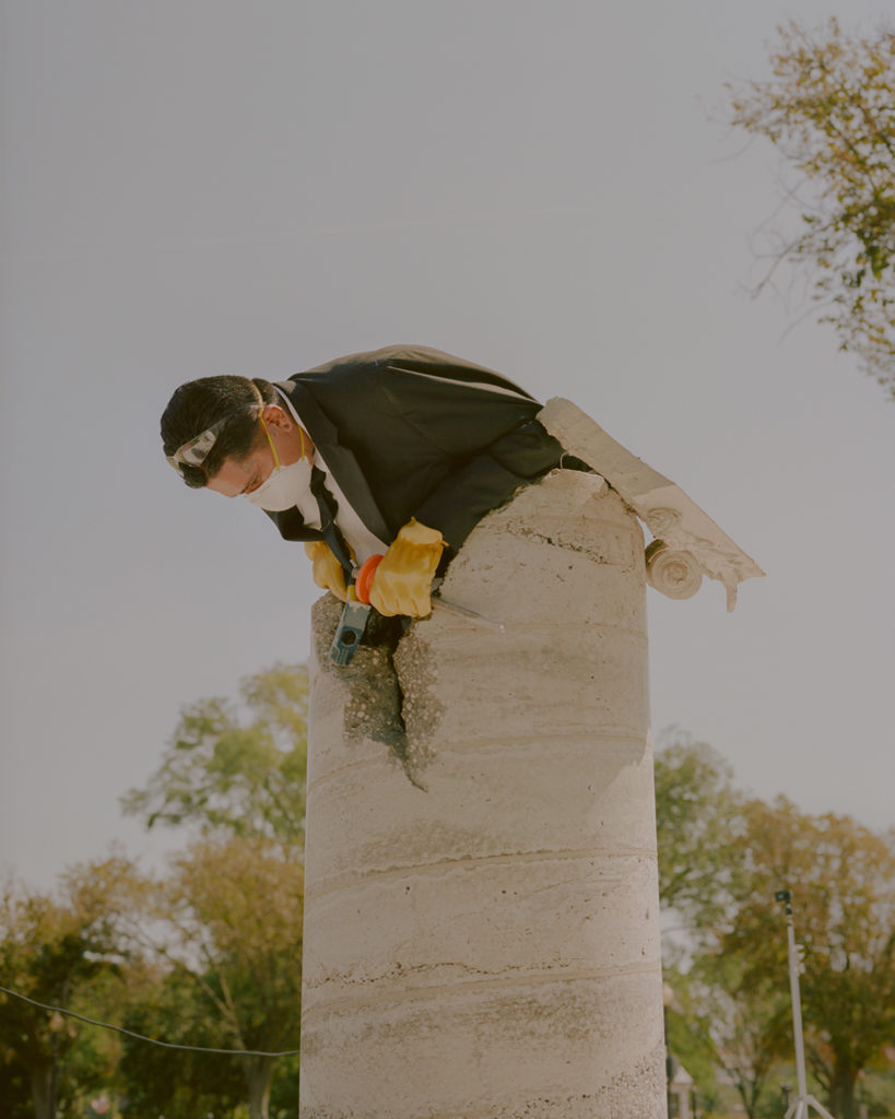 Performance view of rafa esparza's bust: indestructible columns, 2019, in Washington, D.C. 