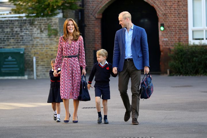 Princess Charlotte arrives for her first day of school accompanied by the Duke and Duchess of Cambridge and brother Prince Ge