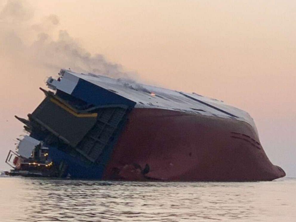 PHOTO: A cargo ship caught fire and overturned in the St. Simons Sound off Brunswick, Ga., Sept. 8, 2019.