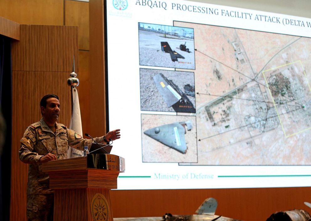 PHOTO: Saudi defence ministry spokesman Colonel Turki Al-Malik displays on a screen drones which Saudi government says attacked an Aramco oil facility, during a news conference in Riyadh, Saudi Arabia, Sept. 18, 2019.