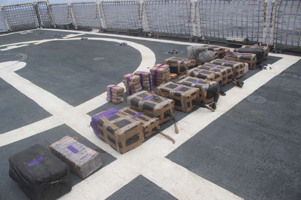 PHOTO: Bales of cocaine seized from a suspected smuggling vessel in the Eastern Pacific lie on the deck of the U.S. Coast Guard Cutter Valiant in September 2019.
