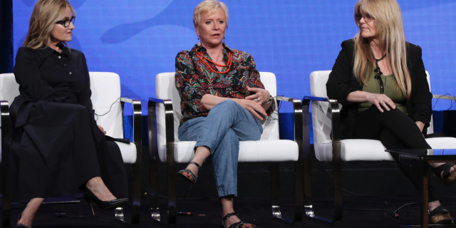 Members of "The Brady Bunch," cast, from left, Maureen McCormick, Eve Plumb and Susan Olsen participate in HGTV's "A Very Brady Renovation" panel at the Television Critics Association Summer Press Tour on Thursday, July 25, 2019, in Beverly Hills, Calif.