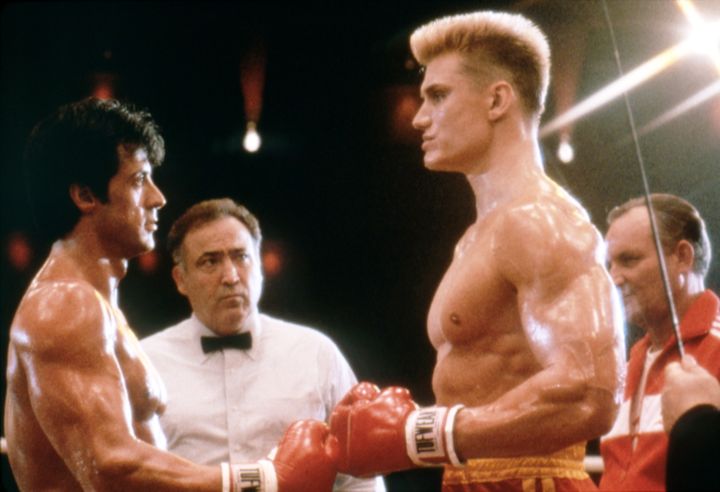 Sylvester Stallone and Dolph Lundgren face off on the set of "Rocky IV."