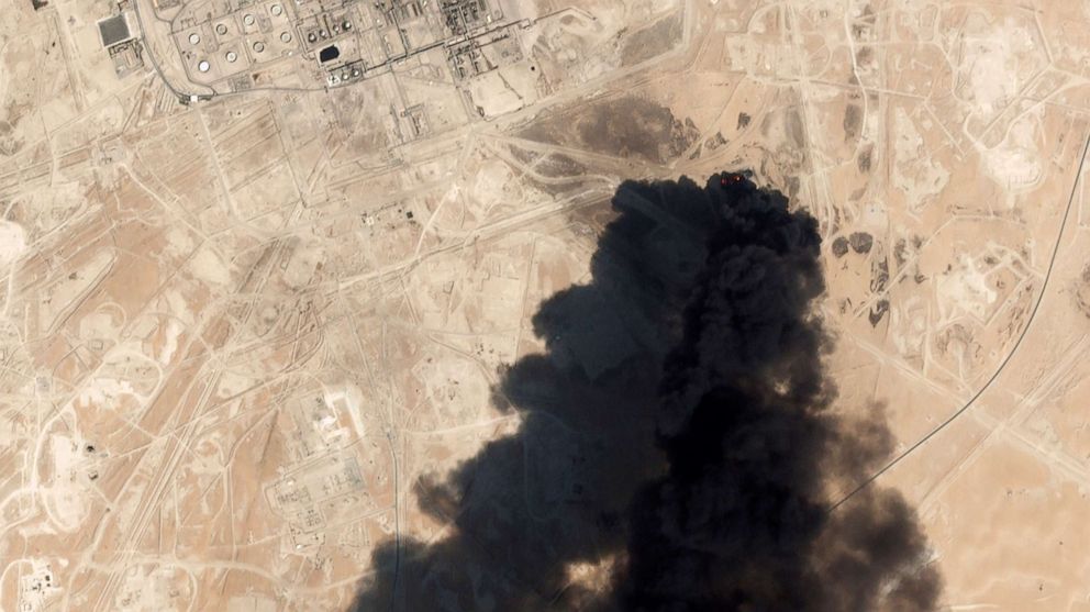 PHOTO: Thick black smoke risese from Saudi Aramcos Abqaiq oil processing facility in Buqyaq, Saudi Arabia, Sept. 14, 2019.