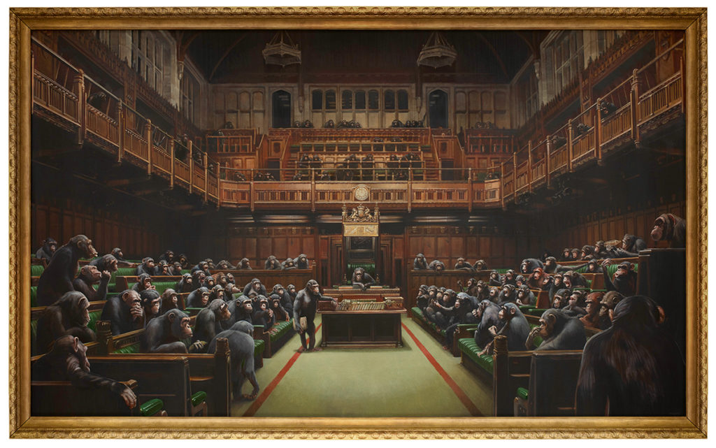 Banksy's Devolved Parliament,' 2009, sold for £9.88 million, or around $12.2 million at Sotheby's London, smashing the artist's auction record.