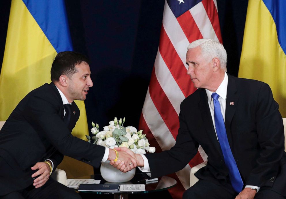 PHOTO: Ukraines President Volodymyr Zelenskiy, left, shakes hands with Vice President Mike Pence, in Warsaw, Poland, Sept. 1, 2019.