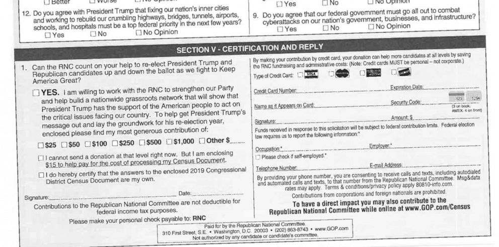 PHOTO: An imitation census from the Republican National Committee that asks voters for donations to President Trumps reelection campaign.