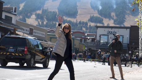 First lady Melania Trump waves to spectators during a visit to Jackson, Wyoming, Thursday, October 3. 