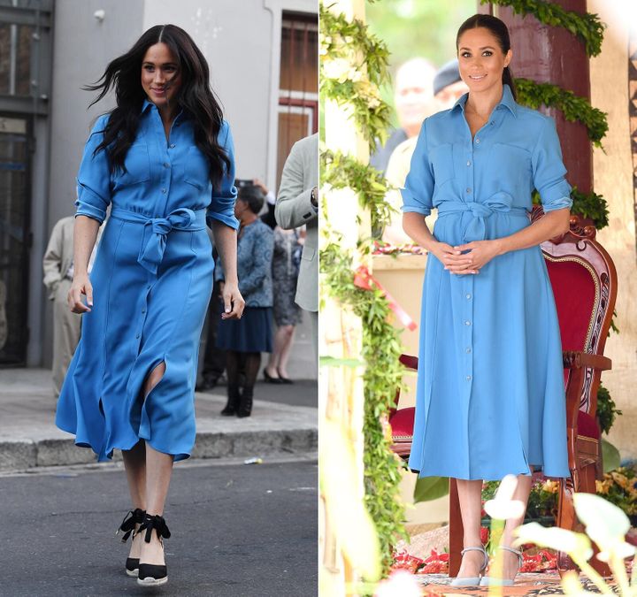 (Left) Meghan leaves the District Six Museum in Cape Town on Sept. 23, 2019, the first day of their African tour. (Right) She