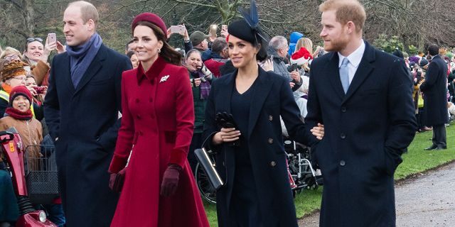 Prince William, Duke of Cambridge, Catherine, Duchess of Cambridge, Meghan, Duchess of Sussex and Prince Harry, Duke of Sussex attend Christmas Day Church service at Church of St Mary Magdalene on the Sandringham estate on December 25, 2018, in King's Lynn, England.