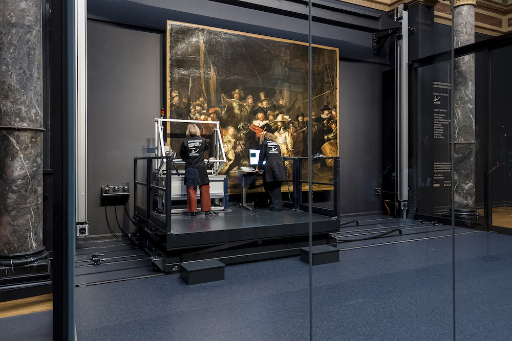 Rembrandt's 'The Night Watch' being studied as part of "Operation Night Watch" at the Rijksmuseum in Amsterdam.