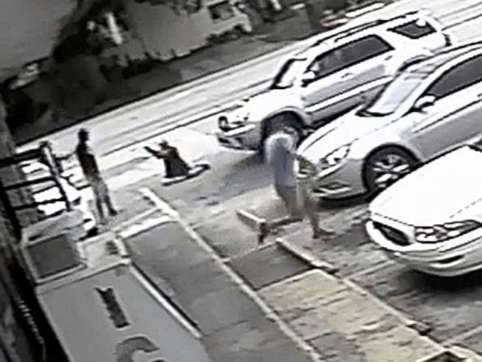 PHOTO: In this Thursday, July 19, 2018 image taken from surveillance video released by the Pinellas County Sheriffs Office, Markeis McGlockton, far left, is shot by Michael Drejka during an altercation in a parking lot in Clearwater, Fla.
