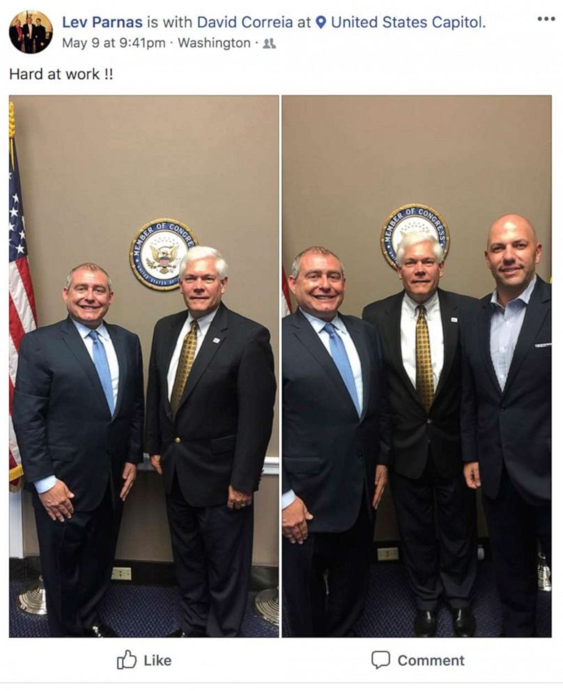 PHOTO: This Facebook screen shot provided by The Campaign Legal Center, shows from left, Lev Parnas with former Rep. Pete Sessions. In the right photo, Lev Parnas, former Rep. Pete Sessions, and David Correia, in Washington, D.C., posted on May 9, 2018.