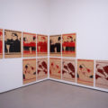 In a room titled 'Print, Fold, Send' about art movements that manipulate various forms of circulation—mail, Xerox, email, internet—are two sets of six linocuts by Beatriz González, 'Zócalo de la comedia' (Plinth of Comedy), 1983, at top, and 'Zócalo de la tragedia' (Plinth of Tragedy), 1983, at bottom.