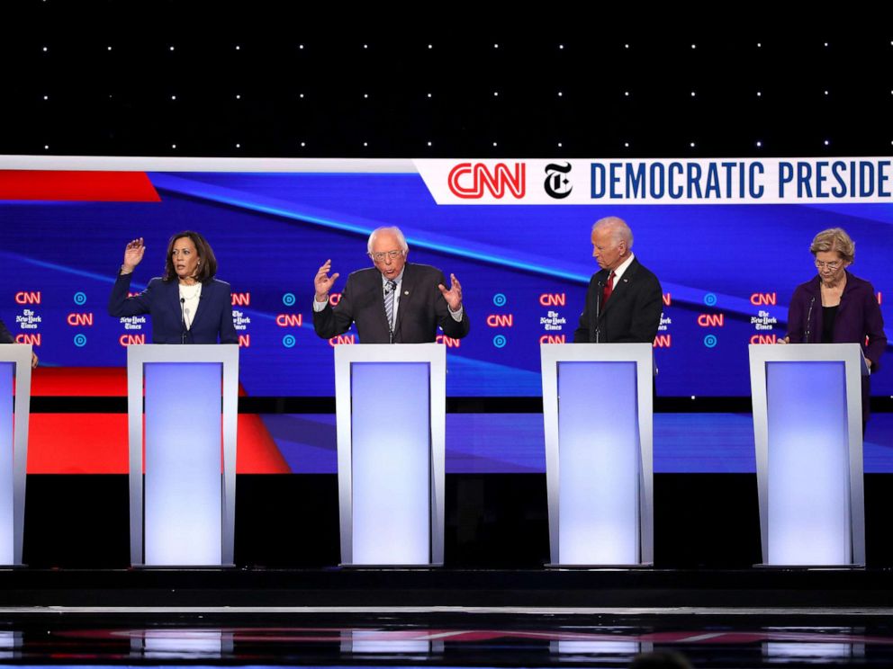 PHOTO: Democratic presidential hopefuls speak during the fourth Democratic primary debate at Otterbein University in Westerville, Ohio, Oct. 15, 2019.