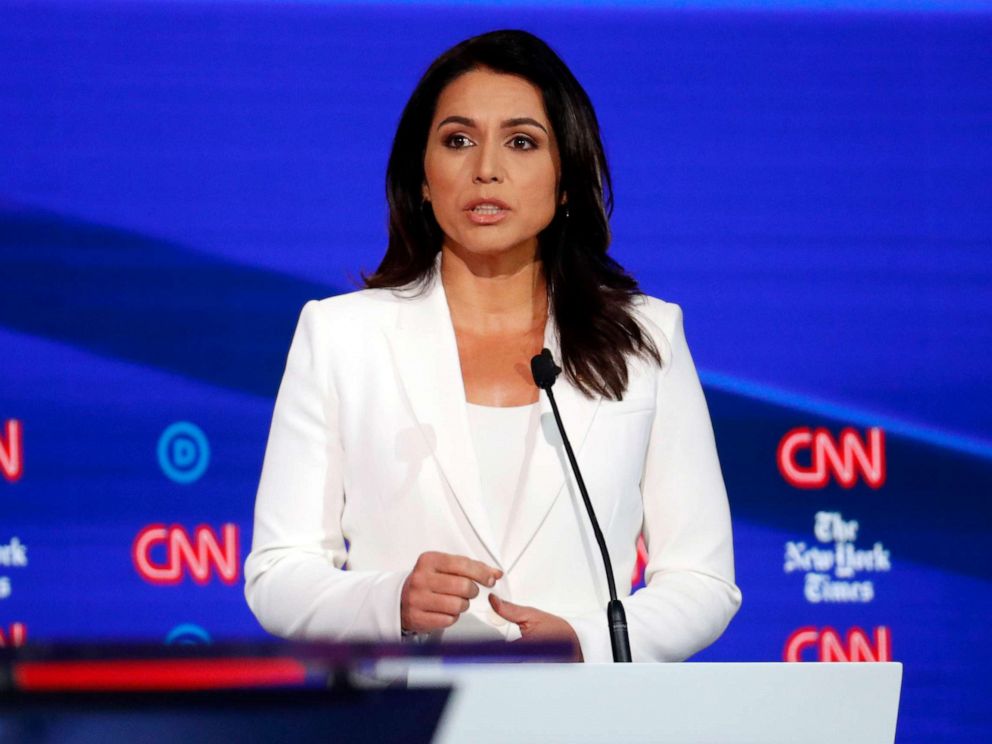 PHOTO: Democratic presidential hopeful Tulsi Gabbard speaks during the fourth Democratic primary debate at Otterbein University in Westerville, Ohio, Oct. 15, 2019.