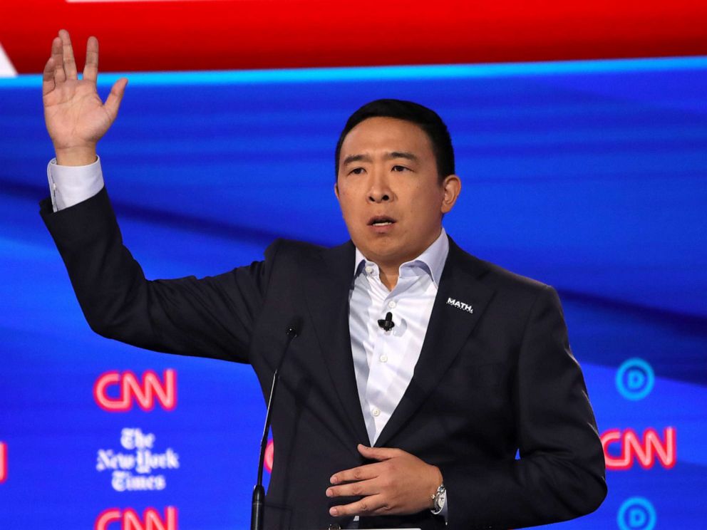 PHOTO: Democratic presidential hopeful Andrew Yang speaks during the fourth Democratic primary debate at Otterbein University in Westerville, Ohio, Oct. 15, 2019.