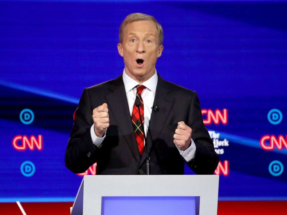 PHOTO: Democratic presidential hopeful Tom Steyer speaks during the fourth Democratic primary debate at Otterbein University in Westerville, Ohio, Oct. 15, 2019.
