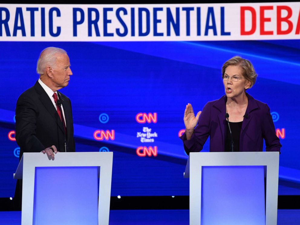 PHOTO: Democratic presidential hopefuls Sen. Elizabeth Warren and former Vice President Joe Biden speak during the fourth Democratic primary debate at Otterbein University in Westerville, Ohio, Oct. 15, 2019.