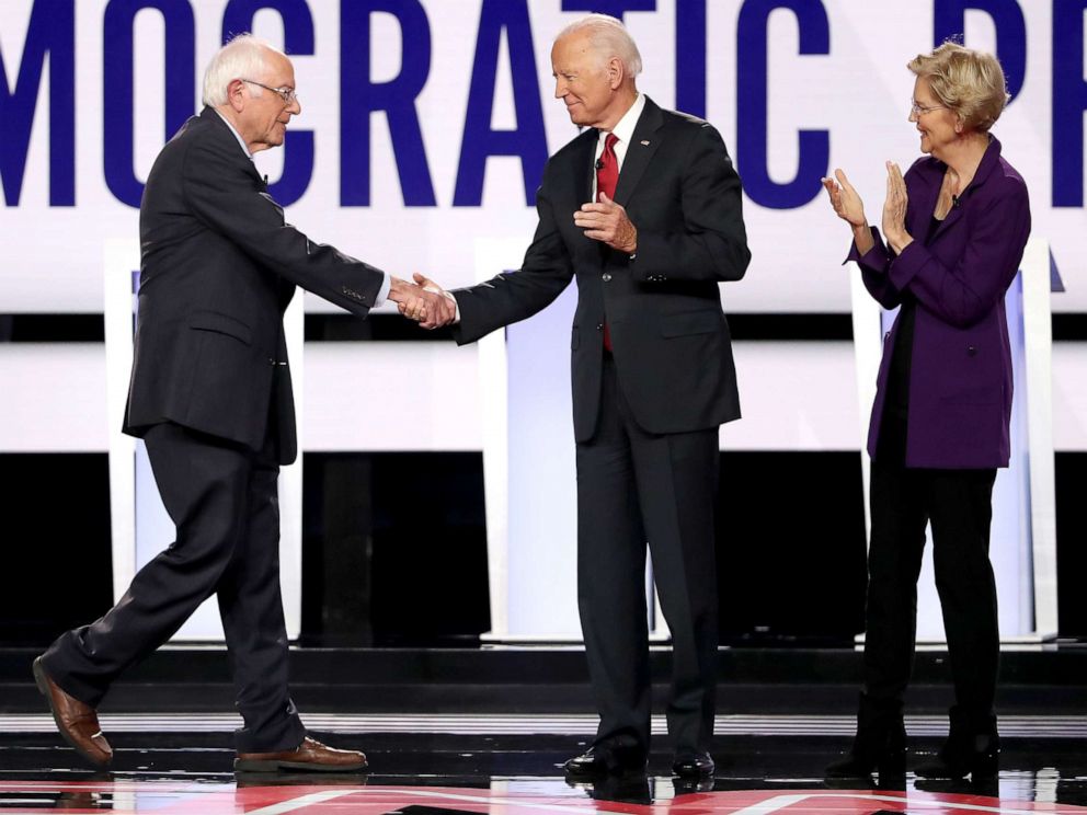 PHOTO: Sen. Bernie Sanders, former Vice President Joe Biden, and Sen. Elizabeth Warren enter the stage before the Democratic Presidential Debate at Otterbein University, Oct. 15, 2019, in Westerville, Ohio.