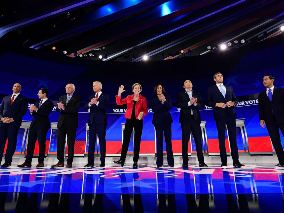 PHOTO: Democratic presidential hopefuls stand onstage ahead of the third Democratic primary debate of the 2020 presidential campaign season hosted by ABC News in partnership with Univision at Texas Southern University in Houston, Tx on Sept. 12, 2019.