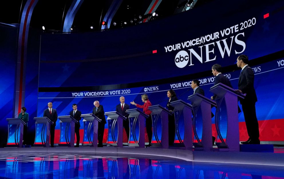 PHOTO: Democratic presidential hopefuls stand onstage during the third Democratic primary debate of the 2020 presidential campaign season hosted by ABC News in partnership with Univision at Texas Southern University in Houston, Tx on Sept. 12, 2019.