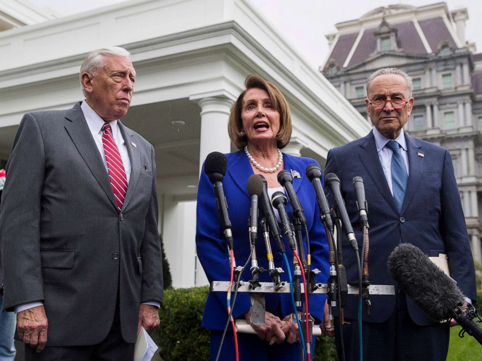 PHOTO: House Majority Leader Steny Hoyer, left, House Speaker Nancy Pelosi, and Senate Minority Leader Chuck Schumer, speak with reporters after a meeting with President Donald Trump at the White House, Wednesday, Oct. 16, 2019, in Washington.