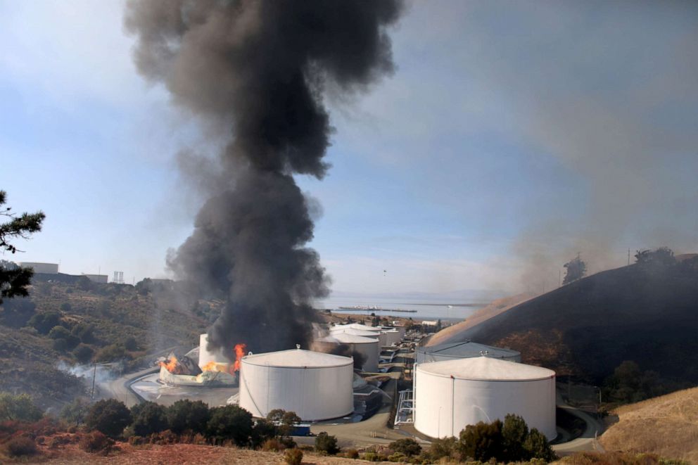 PHOTO: An ethanol tank burns at the NuStar Energy facility in Crockett, Calif., Oct. 15, 2019.