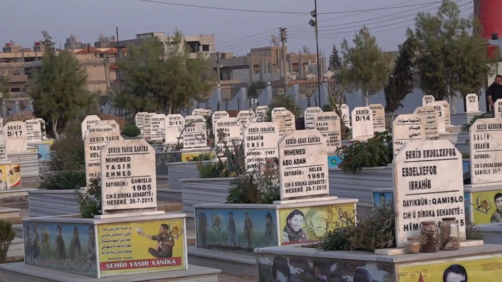 PHOTO: Naila and Simko showed ABC News their sisters grave on the edge of al-Malikiyah, which is marked Sehid, meaning martyr. In this cemetery, every single tombstone, marking the final resting place of volunteers like Bawer, is marked the same.
