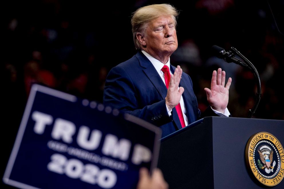 PHOTO: President Donald Trump speaks at a campaign rally at American Airlines Arena in Dallas, Texas, on Oct. 17, 2019.