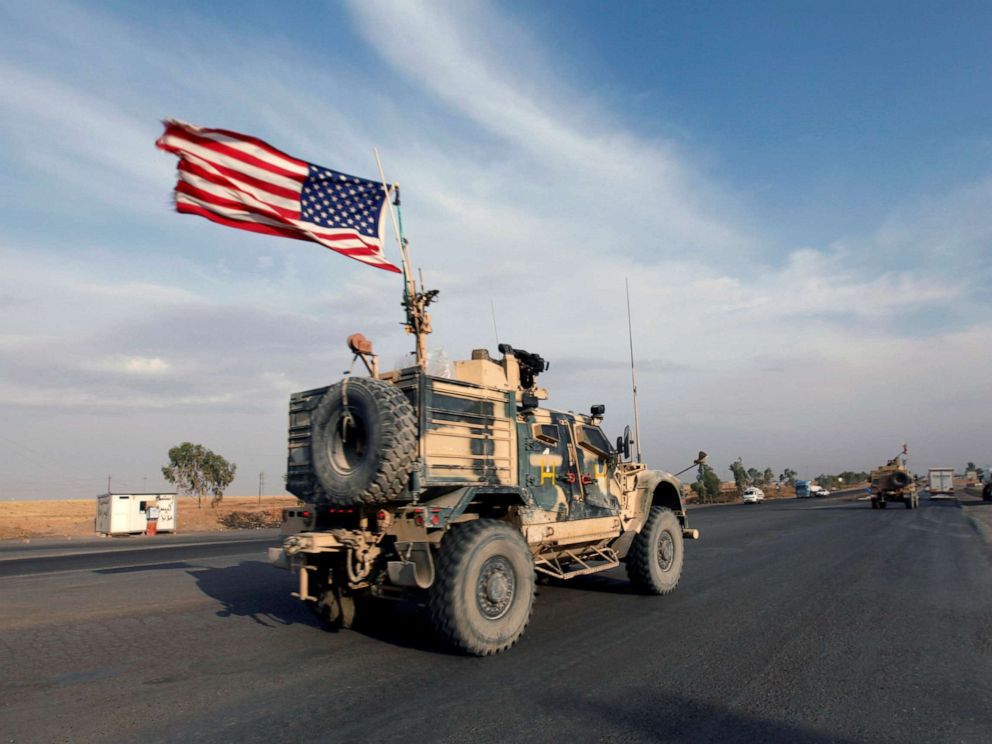 PHOTO: A convoy of U.S. vehicles are seen withdrawing from northern Syria, in Erbil, Iraq, Oct. 21, 2019.