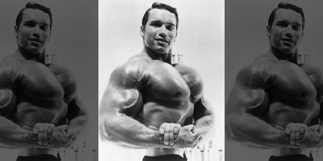 Circa 1967: Studio portrait of Austrian-born bodybuilder Arnold Schwarzenegger flexing his torso in an advertisement for a German protein product.