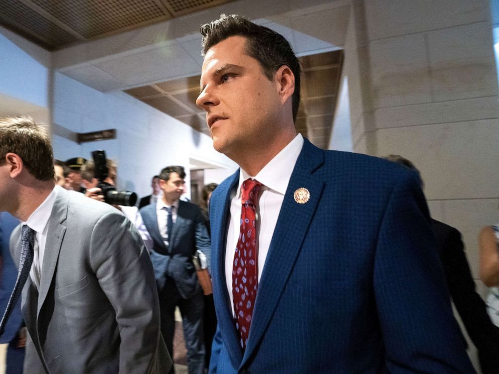 PHOTO: Republican Representative from Florida Matt Gaetz joins more than two dozen Republican lawmakers attempting to gather outside the room used by the House of Representatives impeachment inquiry into President Trump in the US Capitol Oct. 23, 2019.