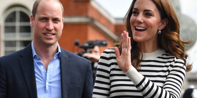 Kate Middleton and Prince William wave to well-wishers as they leave after attending the launch of the King's Cup Regatta at Cutty Sark, Greenwich on May 7, 2019, in London, England.