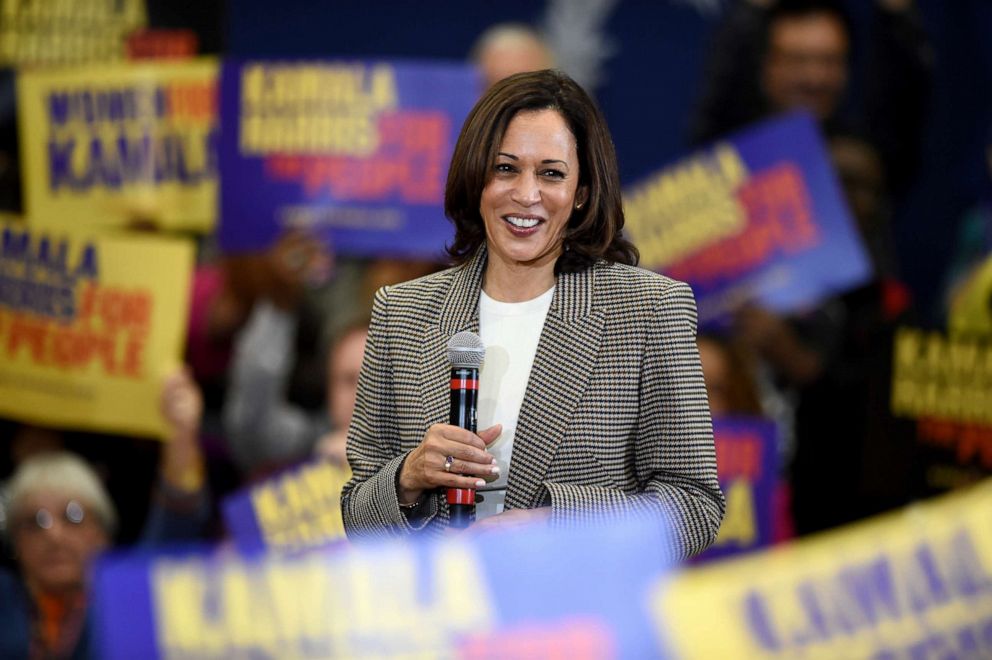 PHOTO: Democratic presidential candidate Kamala Harris speaks during a rally at Aiken High School in Aiken, S.C. Saturday, Oct. 19, 2019.