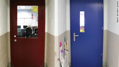 The old conventional classroom door in the Harrington Park School on the left, and Remo Doors&#39; high-security bullet-resistant door on the right. 