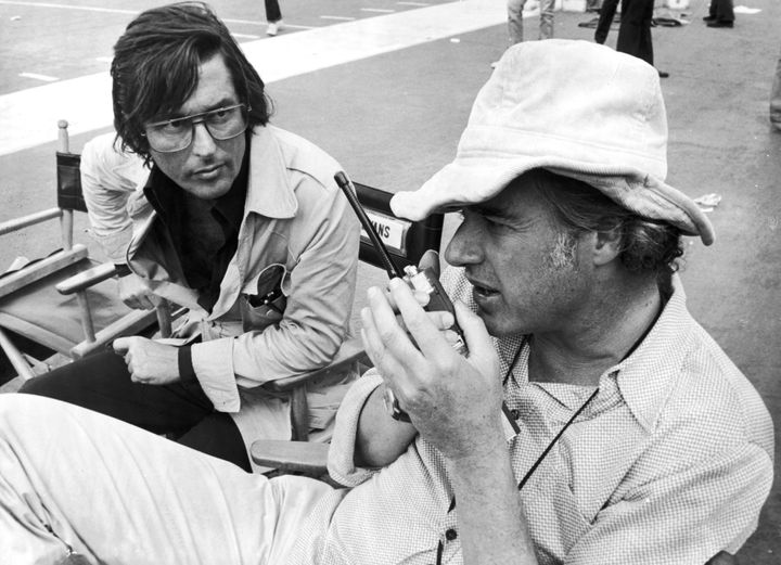 Producer Robert Evans (left) with director John Frankenheimer on the set of the film, 'Black Sunday', 1976. (Photo by Paramou