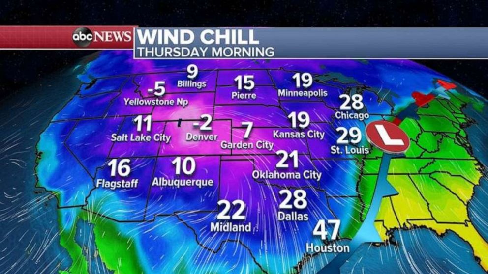 PHOTO: Very cold air will be moving into the central US from the Gulf Coast to the Great Lakes.