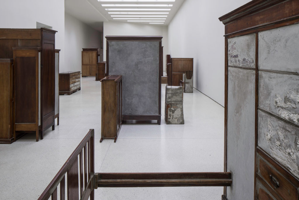 Doris Salcedo wooden furniture installation at Guggenheim Museum, New York. 