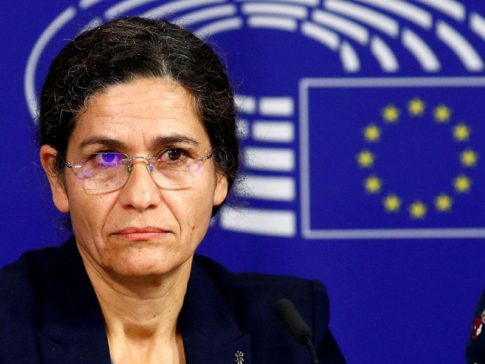 PHOTO: Ilham Ahmed, co-chair of the Syrian Democratic Council (SDC), addresses a news conference at the European Parliament in Brussels, Oct. 10, 2019. 