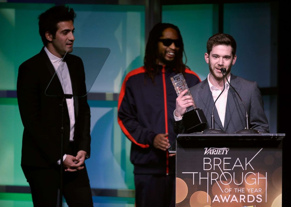 PHOTO: Colin Kroll accepts the Breakthrough Award for Emerging Technology from rapper Lil Jon (C) onstage at the Variety Breakthrough of the Year Awards during the 2014 International CES at The Las Vegas Hotel & Casino, Jan. 9, 2014, in Las Vegas.
