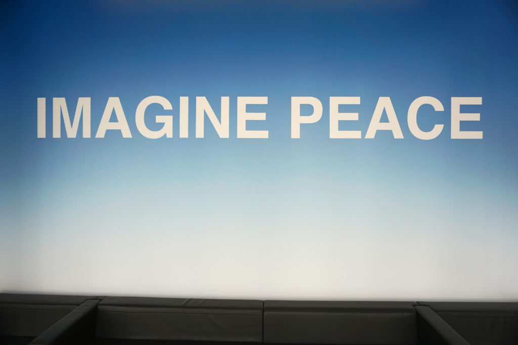 In a hallway is a stunning new commission by Yoko Ono that updates her famous billboard, a collaboration from 1969 with her late husband John Lennon, titled 'WAR IS OVER! (if you want it).' Here, a detail of the new text-based piece, titled 'PEACE is POWER'.  