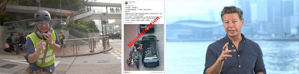 PHOTO: A composite image shows ABCs Ian Pannell reporting from Hong Kong wearing a high visibility vest, left, an image circulating on social media of Pannell while changing his shift, center, and in a clean shirt, reporting on camera, Oct. 1, 2019.